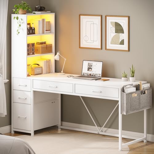 White Computer Desk with 5 Drawers and Bookshelf D615468