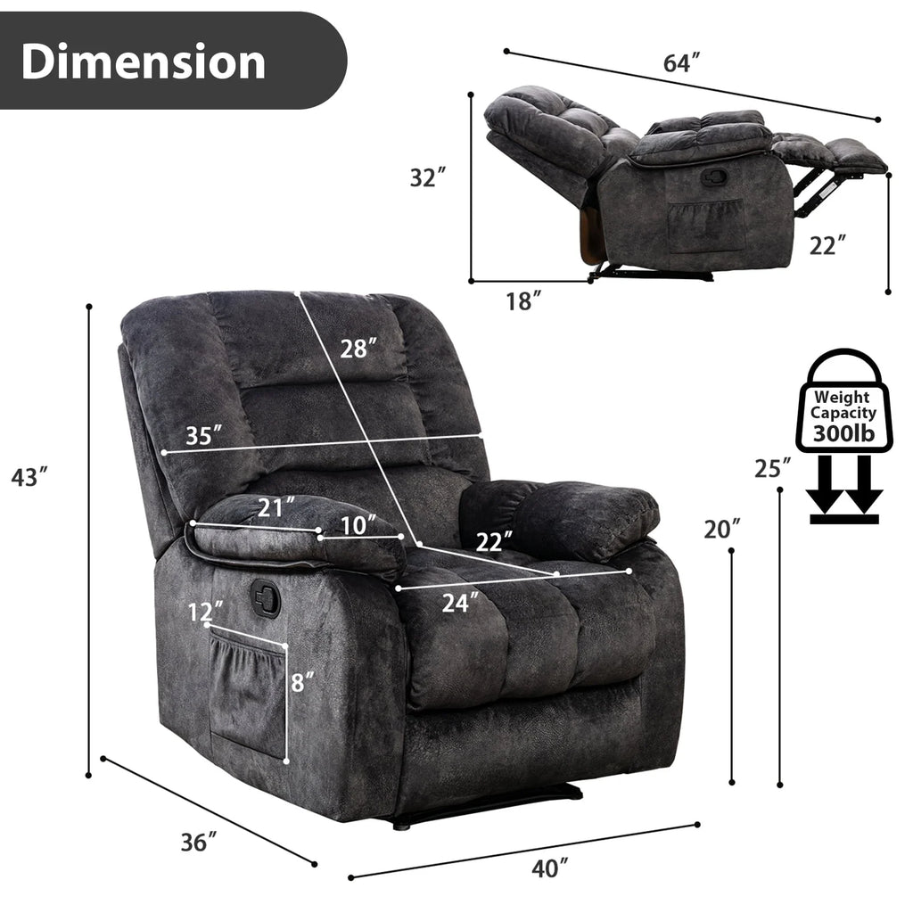 Gray Fabric Manual Recliner Chairs with Massage and Heat R30856