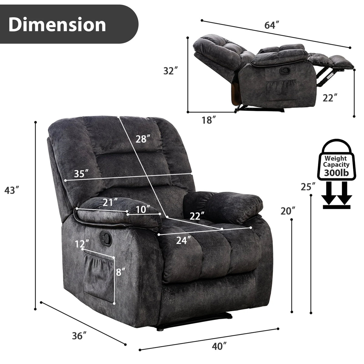 Gray Fabric Manual Recliner Chairs with Massage and Heat R30856