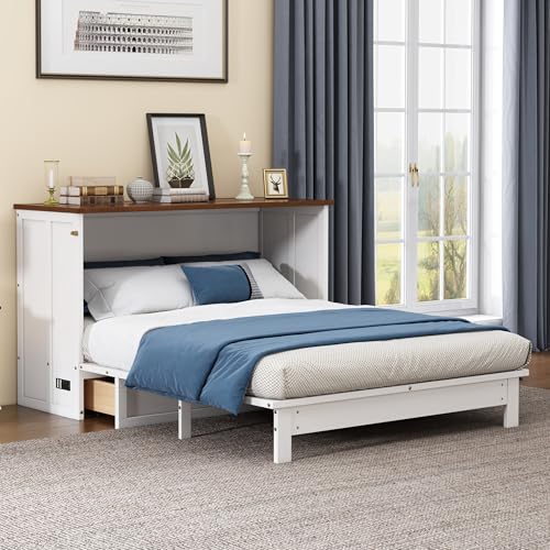 Queen Size White Murphy Bed Cabinet with Charging Station & Storage Drawer C687