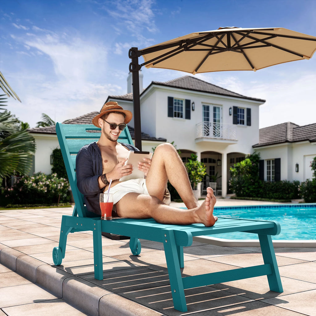 Blue 2 Pieces Patio Chaise Lounge Chairs with Wheels H956