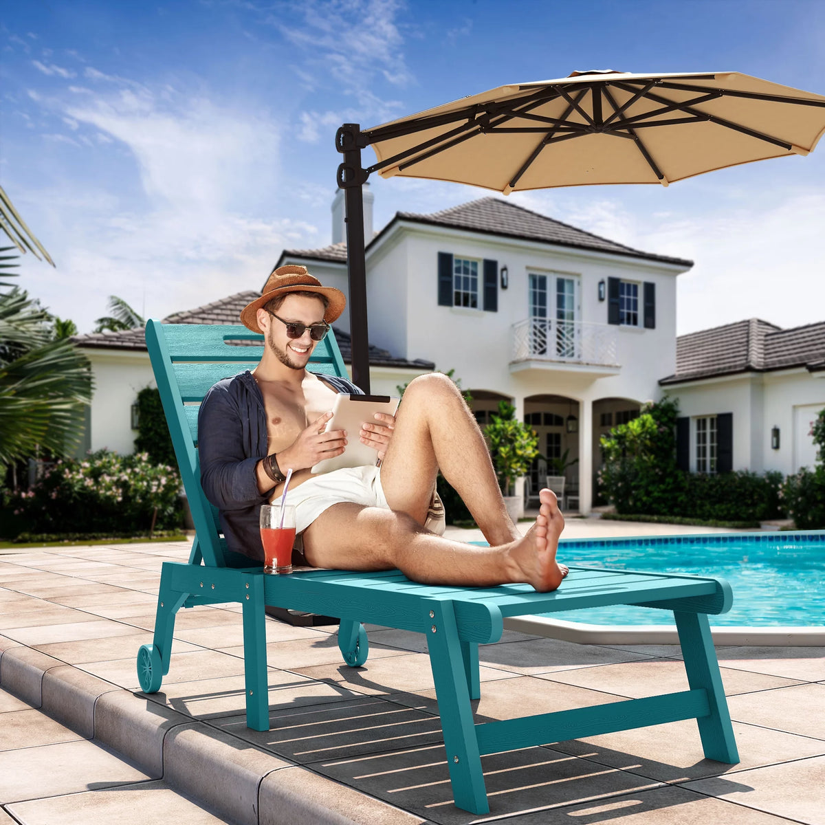 Blue 2 Pieces Patio Chaise Lounge Chairs with Wheels H956