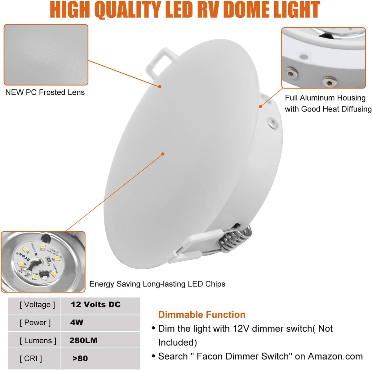 4.5Inch LED RV Puck Light Full Aluminum Recessed Mount Down Light 12V Pack of 6 O533