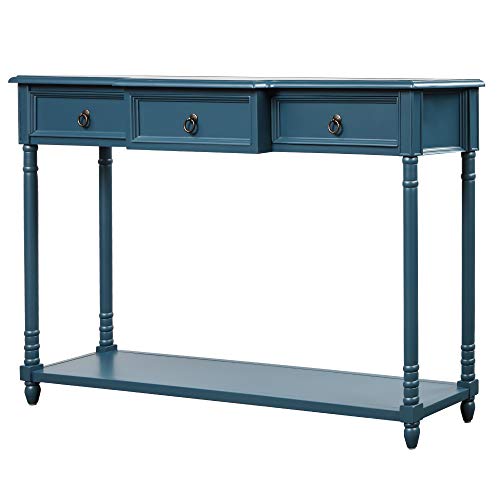 Antique Navy Narrow Console Sofa Table with Drawers and Long Shelf T20430