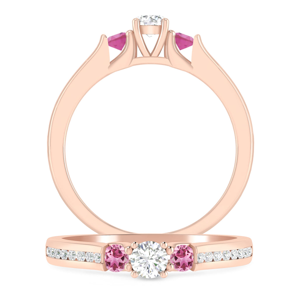 1/2 Carat 10K Rose Gold Diamond and Pink Tourmaline 3 Stone Engagement Ring S4174