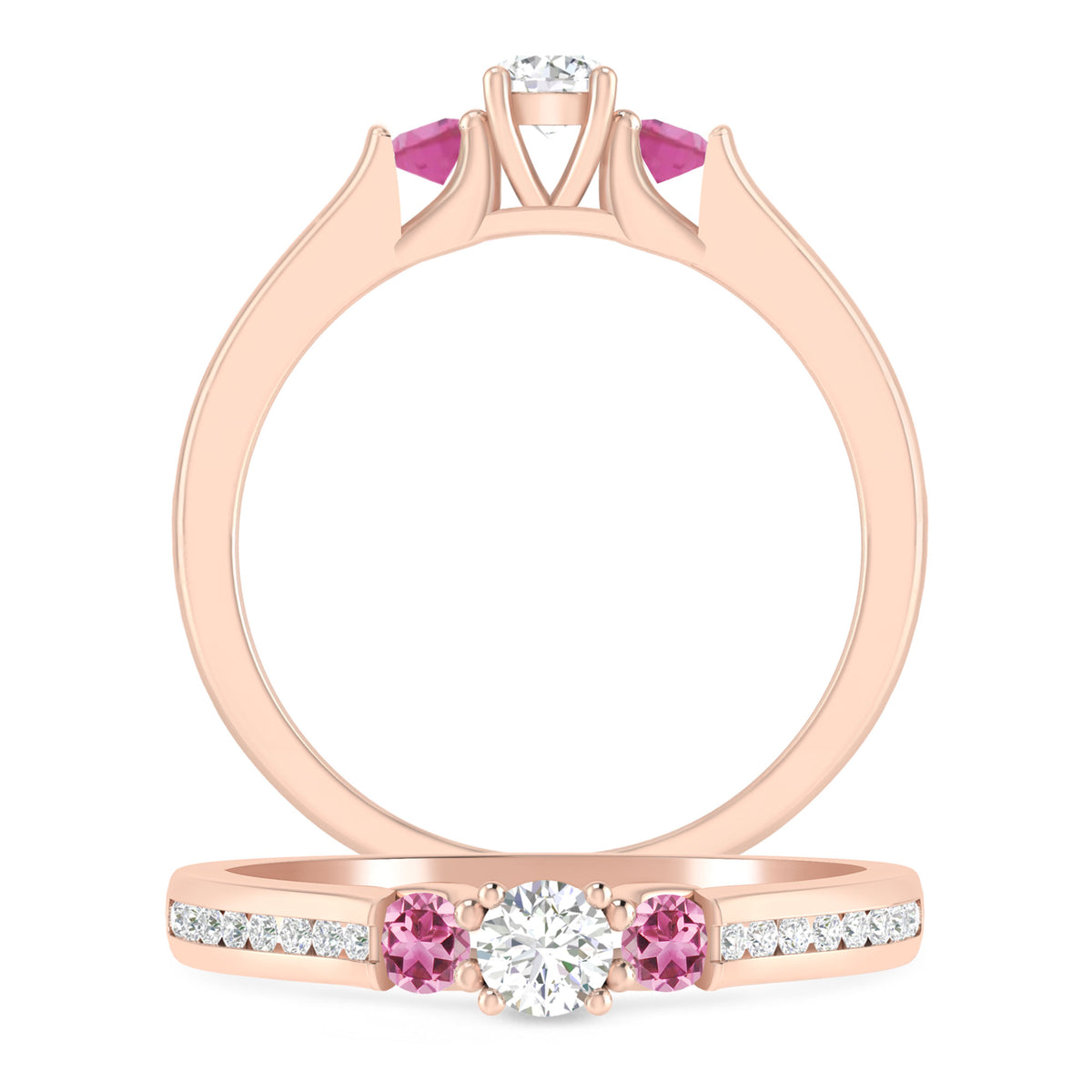 1/2 Carat 10K Rose Gold Diamond and Pink Tourmaline 3 Stone Engagement Ring S4174