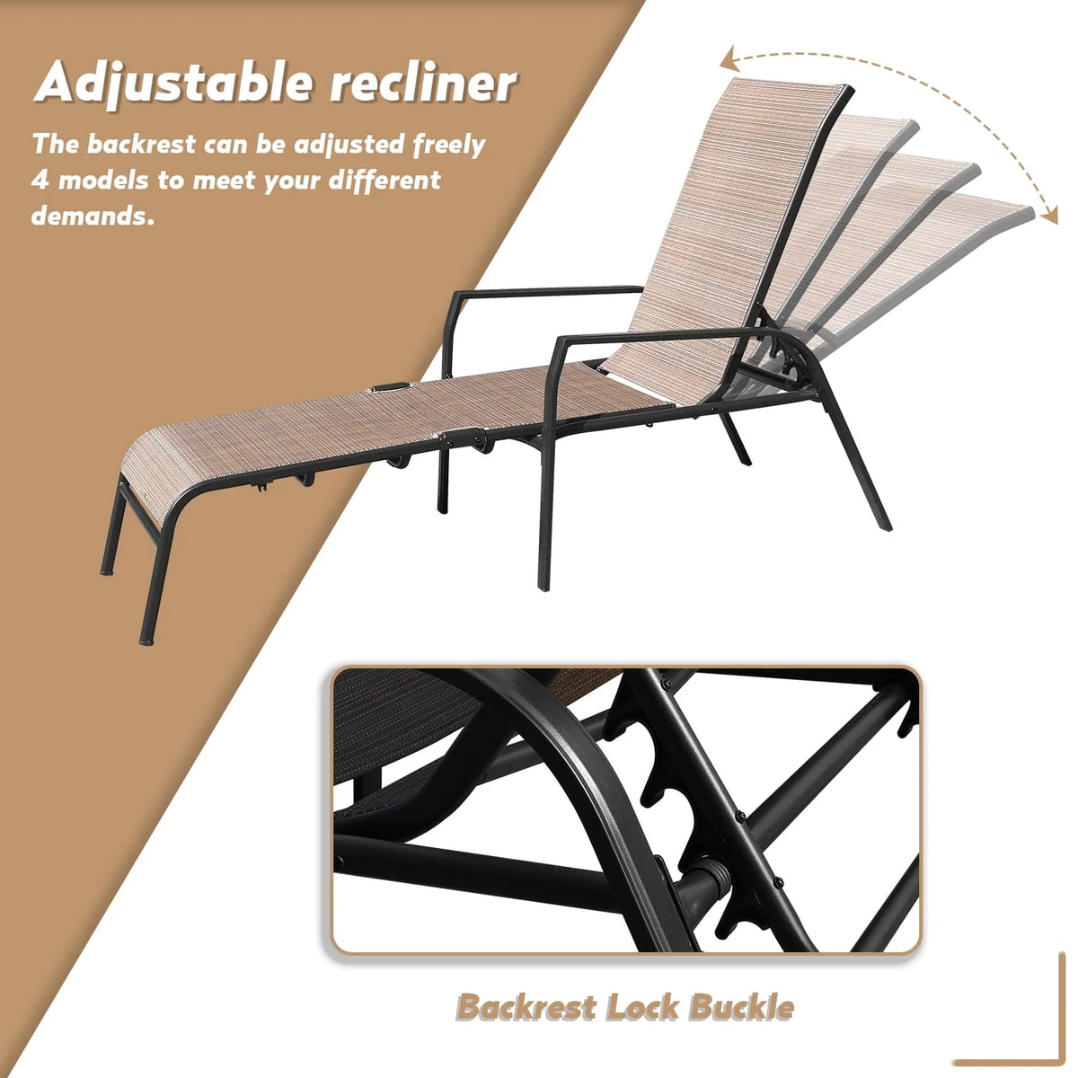 3 Pcs Adjustable Steel Outdoor Chaise Lounge Set with Tempered Glass Z662646