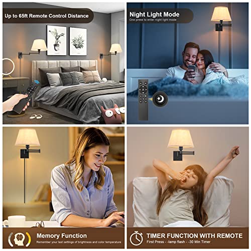 2 Pack Plug In Wall Sconces with Remote Control, White Fabric Shade J534