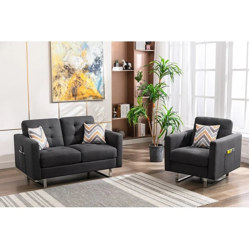 Light Gray Linen Loveseat Chair with Metal Legs U4099
