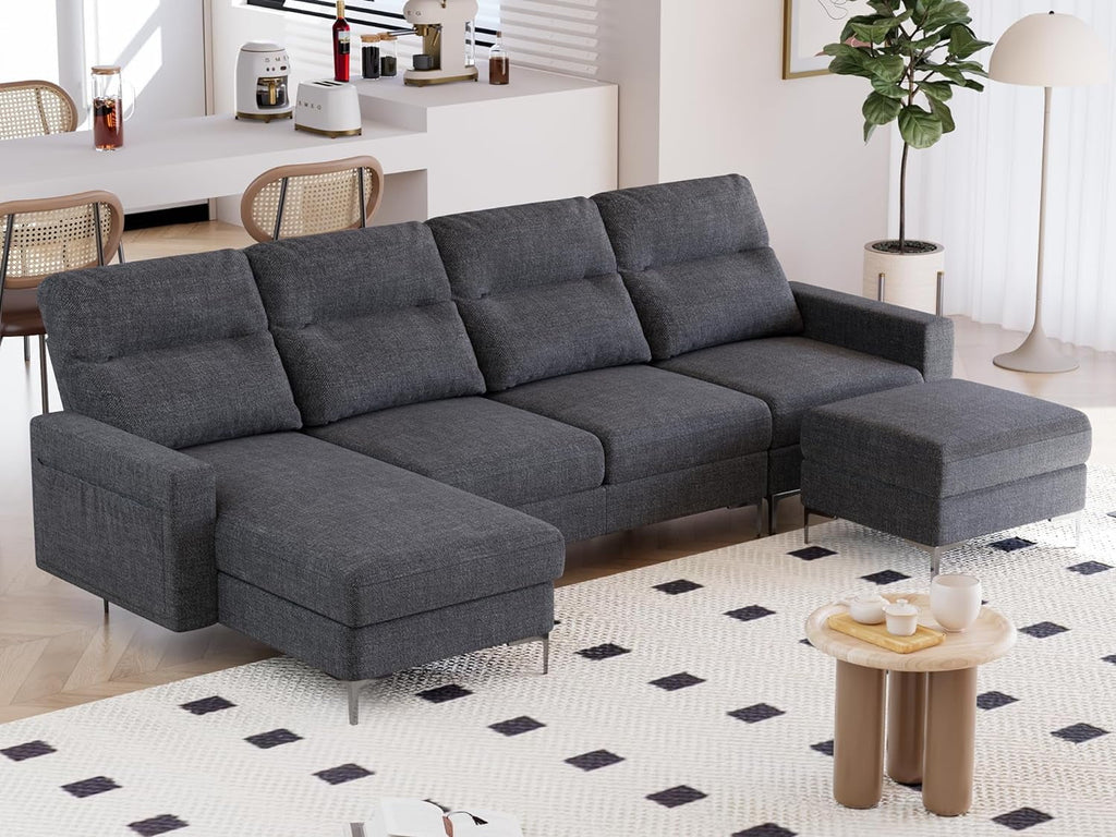Modular U Shaped Fabric Sectional Sofa with Ottoman, 4 Seater, Metal Legs, Dark Grey U593