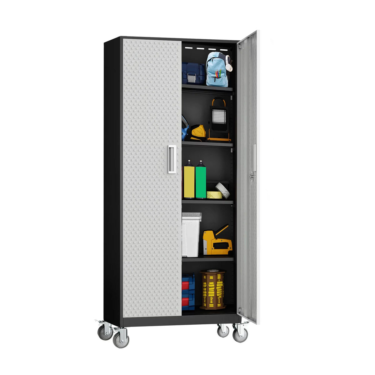 Tall Metal Storage Garage Cabinet with Wheels and 4 Adjustable Shelves H914486
