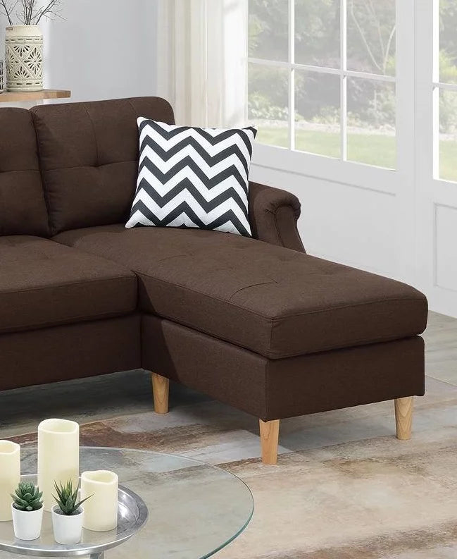 Modern Compact Reversible Sectional Sofa Set Linen Like Fabric Dark Coffee Cushion Couch Y36072