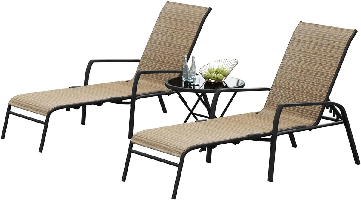 3 Pcs Adjustable Steel Outdoor Chaise Lounge Set with Tempered Glass Z662646