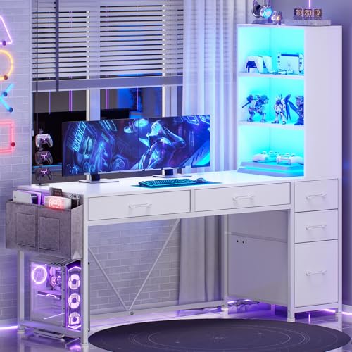 White Computer Desk with 5 Drawers and Bookshelf D615468