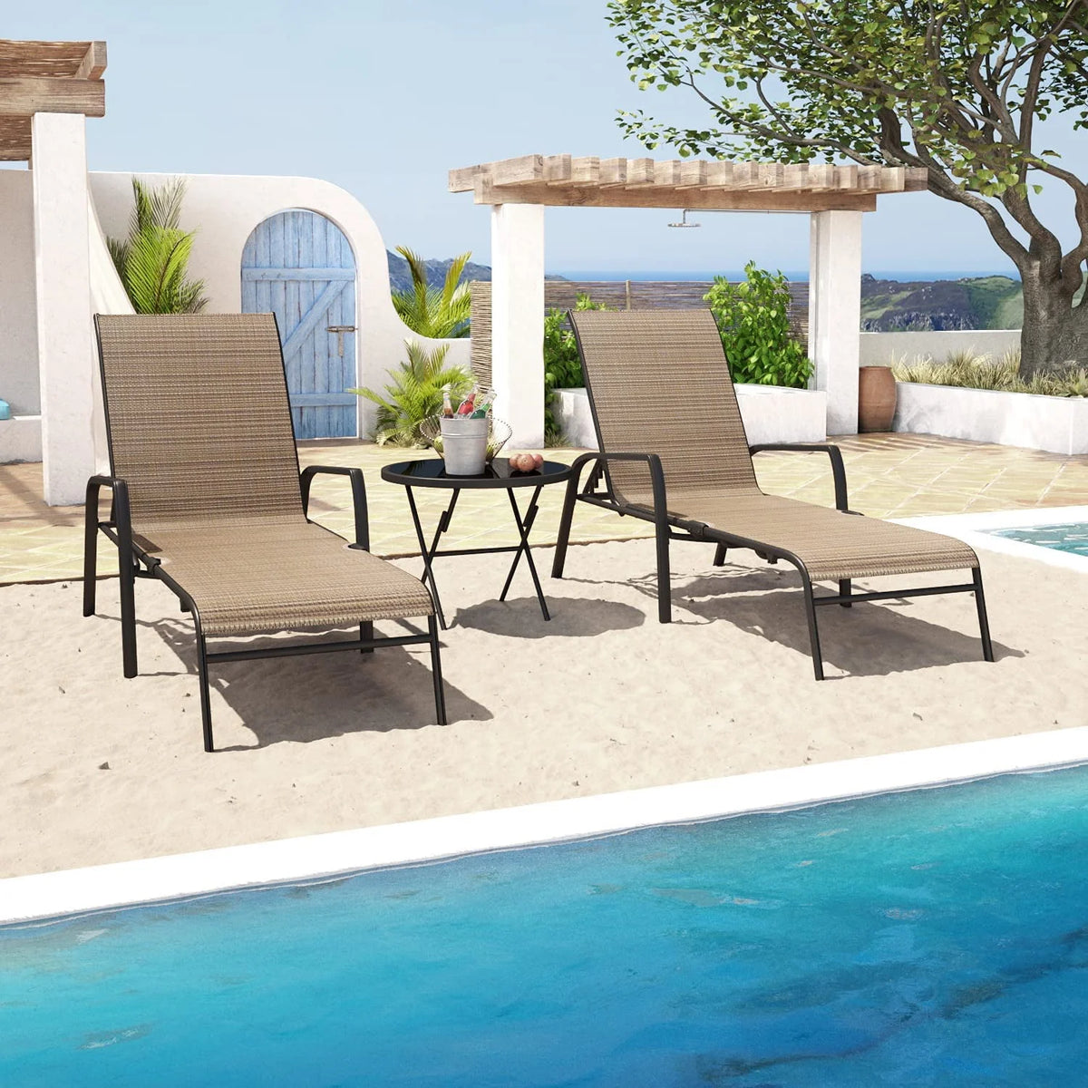 3 Pcs Adjustable Steel Outdoor Chaise Lounge Set with Tempered Glass Z662646