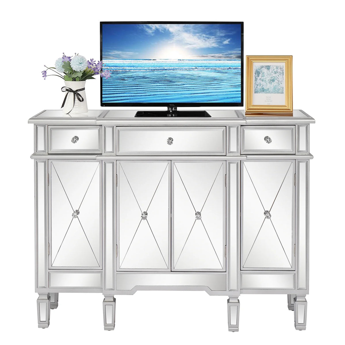 Mirrored Finish Glass TV Stand with 3 Drawers O73550