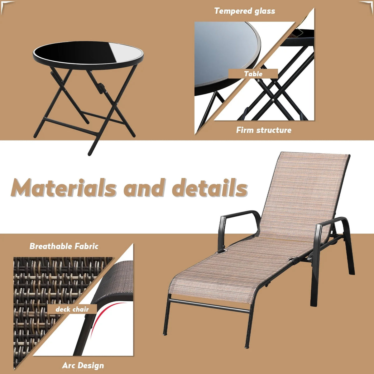 3 Pcs Adjustable Steel Outdoor Chaise Lounge Set with Tempered Glass Z662646