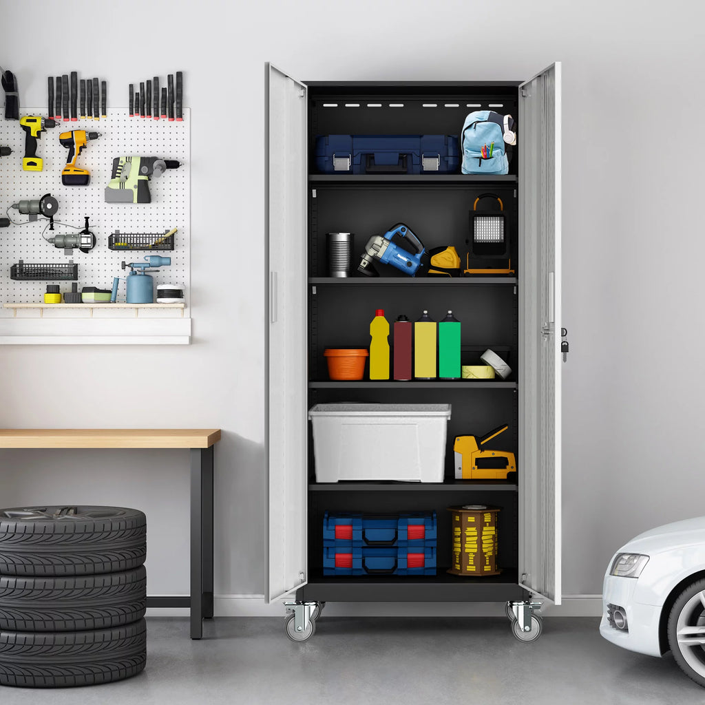 Tall Metal Storage Garage Cabinet with Wheels and 4 Adjustable Shelves H914486