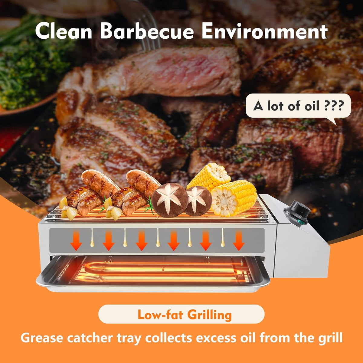 Electric Grill with Adjustable Temperature Control 572°F, 110V 1800W, Nonstick Cooking Surface N62841