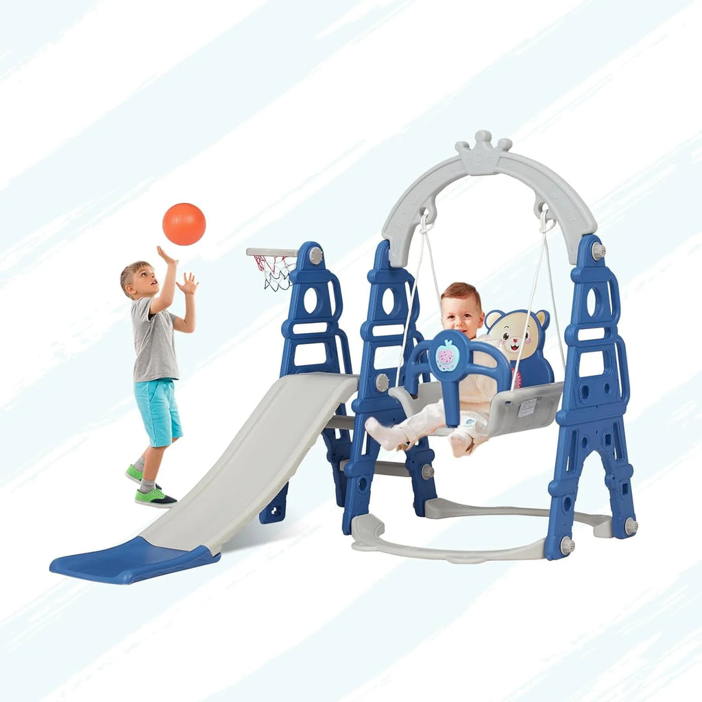 5 in 1 Toddler Slide Swing Set with Basketball Hoop Blue G271