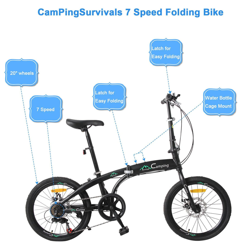 20 Folding Bike, 7 Speed Lightweight City Commuter Bicycle, Black D433395