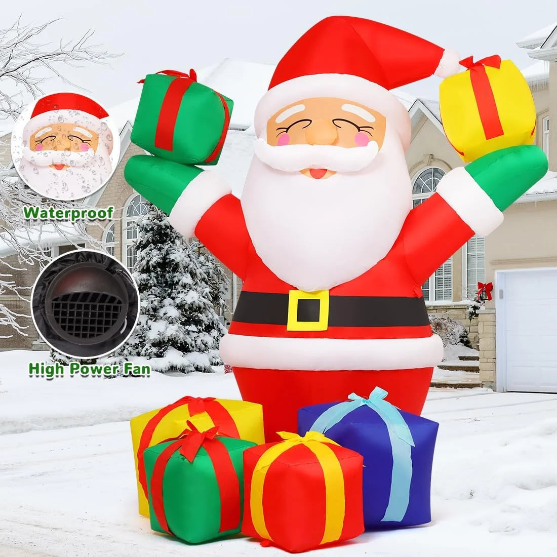 6.1 FT Christmas Inflatables Outdoor Smiling Santa Claus with Present Boxes, LED Lights Built-in W214