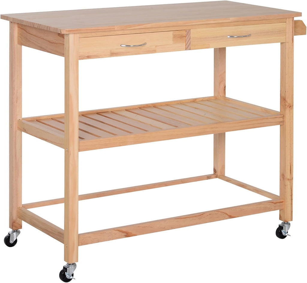 42 Kitchen Trolley Cart with 2 Drawers and 3-Tier Shelf Pine Wood Y8711