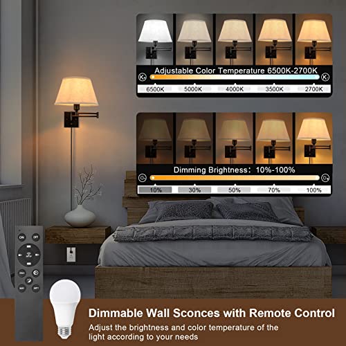 2 Pack Plug In Wall Sconces with Remote Control, White Fabric Shade J534
