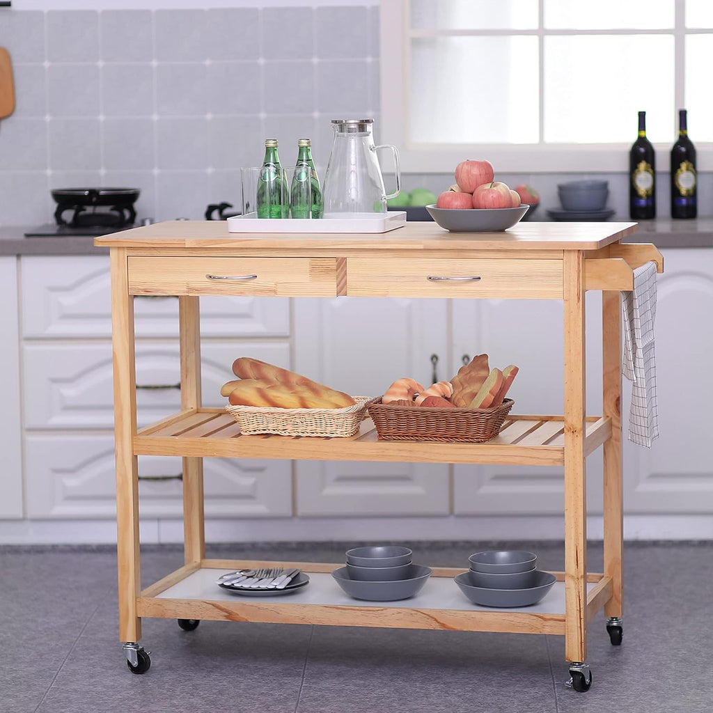 42 Kitchen Trolley Cart with 2 Drawers and 3-Tier Shelf Pine Wood Y8711