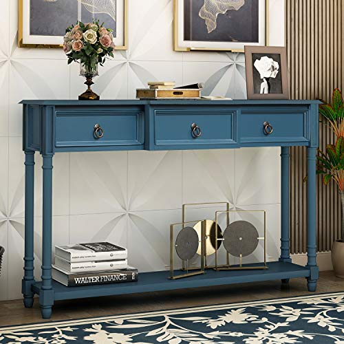 Antique Navy Narrow Console Sofa Table with Drawers and Long Shelf T20430