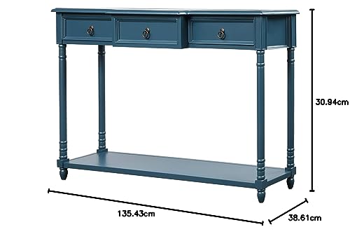 Antique Navy Narrow Console Sofa Table with Drawers and Long Shelf T20430