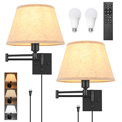 2 Pack Plug In Wall Sconces with Remote Control, White Fabric Shade J534