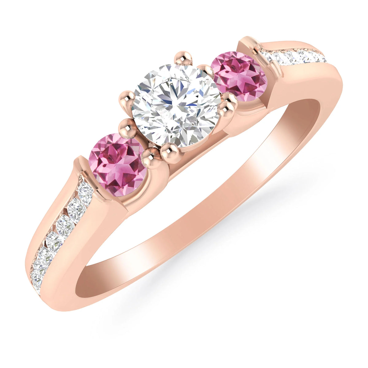 1/2 Carat 10K Rose Gold Diamond and Pink Tourmaline 3 Stone Engagement Ring S4174