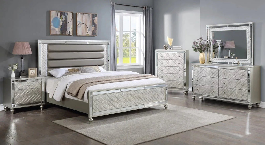 5pc Queen Size Upholstery LED Bed Dresser Mirror Nightstand Wooden Furniture Set G399843