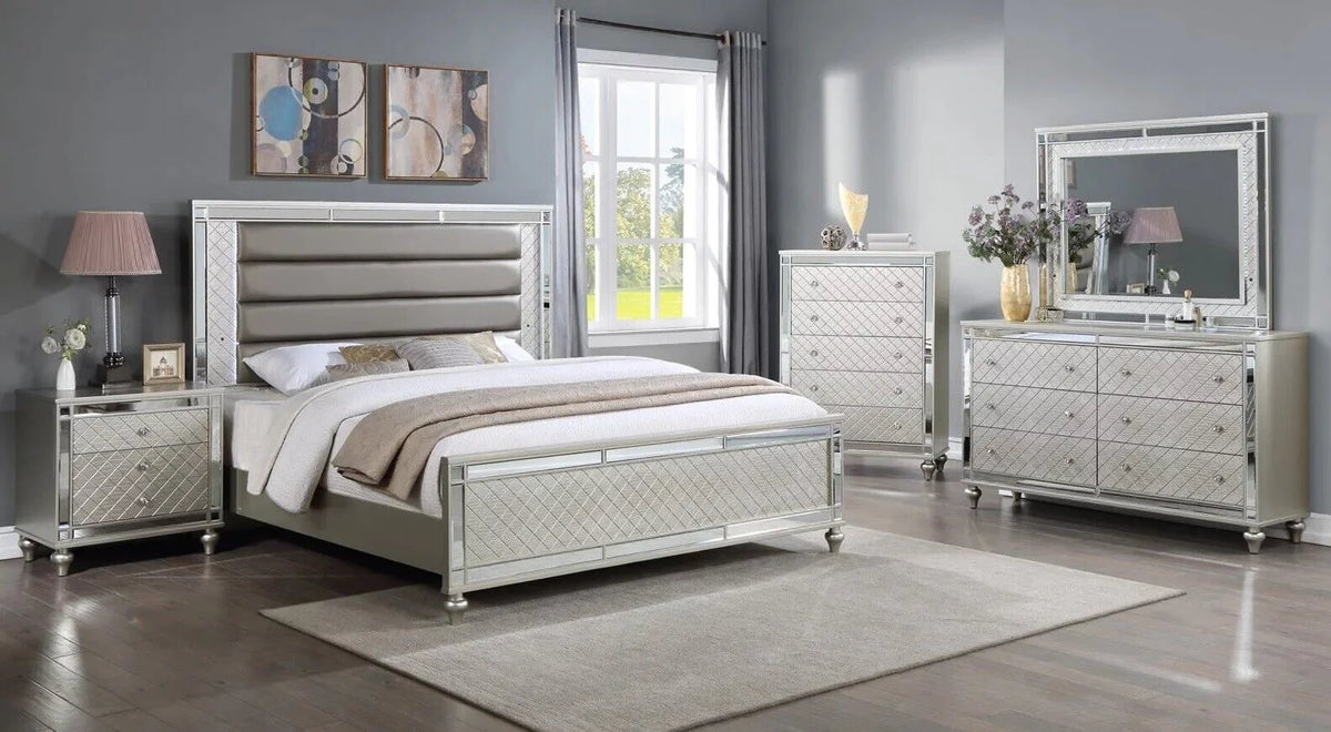 5pc Queen Size Upholstery LED Bed Dresser Mirror Nightstand Wooden Furniture Set G399843