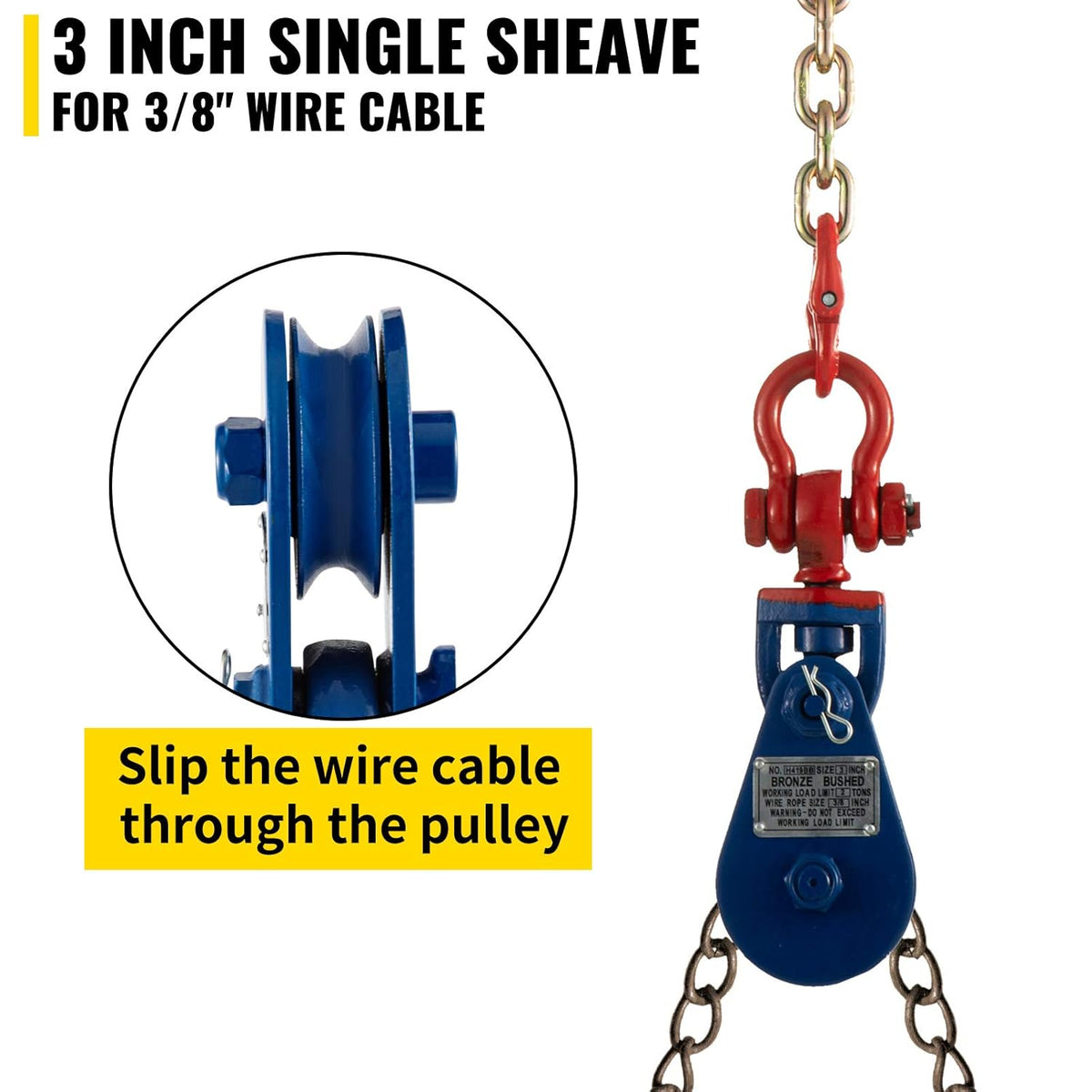 2ton Snatch Block with Chain, 4400 lbs Capacity, 3'' Single Sheave Block w/Swivel Hook, G70 Chain, Fit 3/8'' Wire Cable, Pack of 2 J245