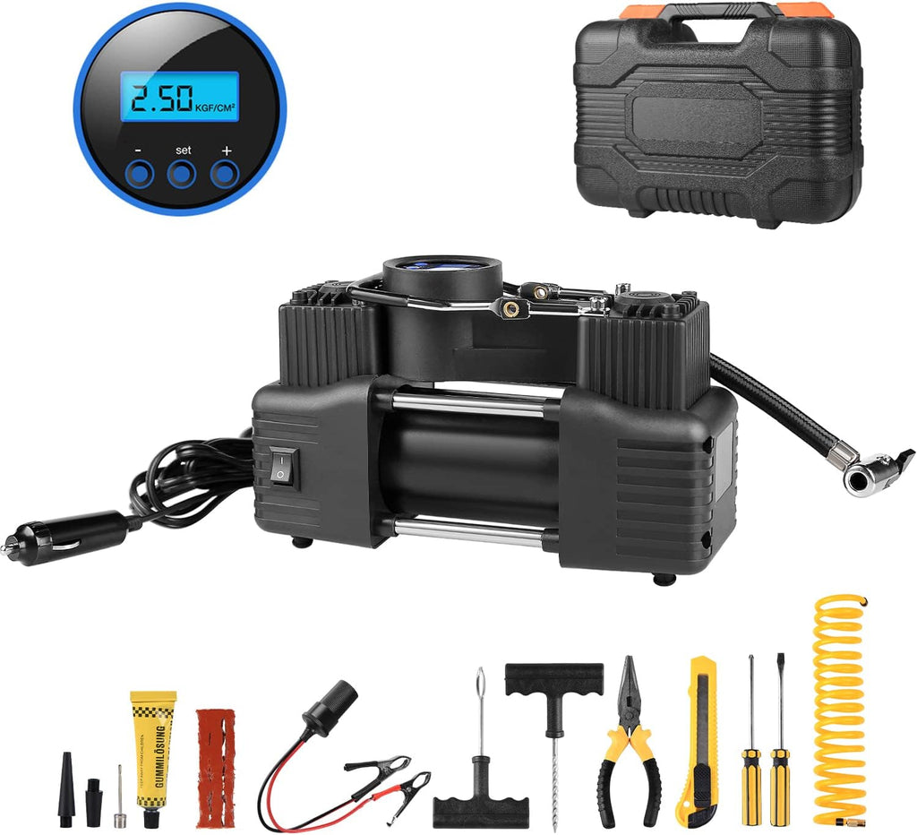Portable Double Cylinder Air Compressor with Digital Pressure Gauge DC 12V W28690