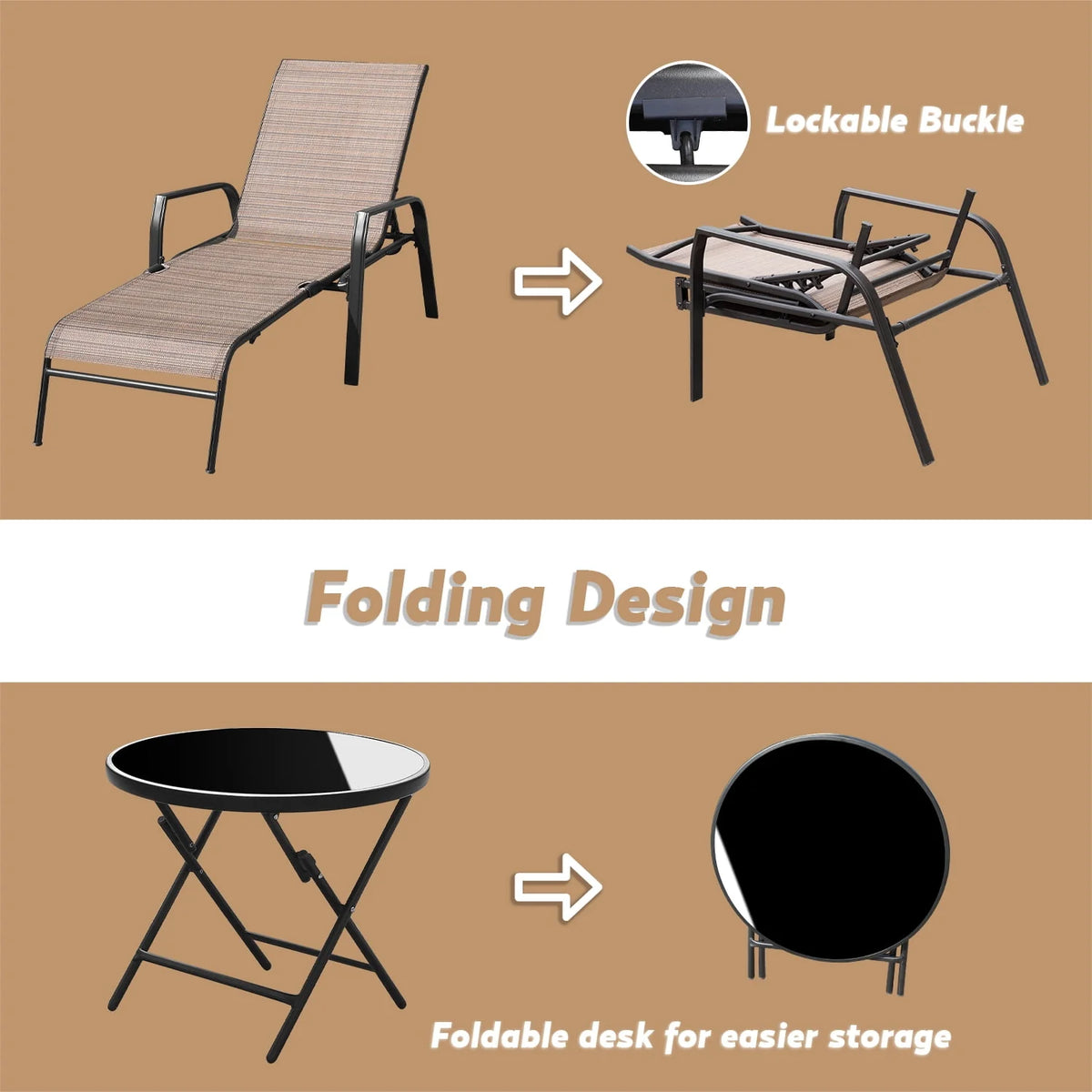 3 Pcs Adjustable Steel Outdoor Chaise Lounge Set with Tempered Glass Z662646