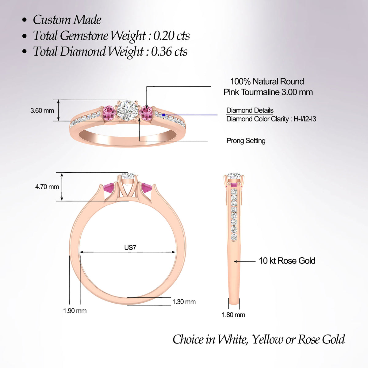 1/2 Carat 10K Rose Gold Diamond and Pink Tourmaline 3 Stone Engagement Ring S4174