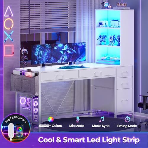 White Computer Desk with 5 Drawers and Bookshelf D615468