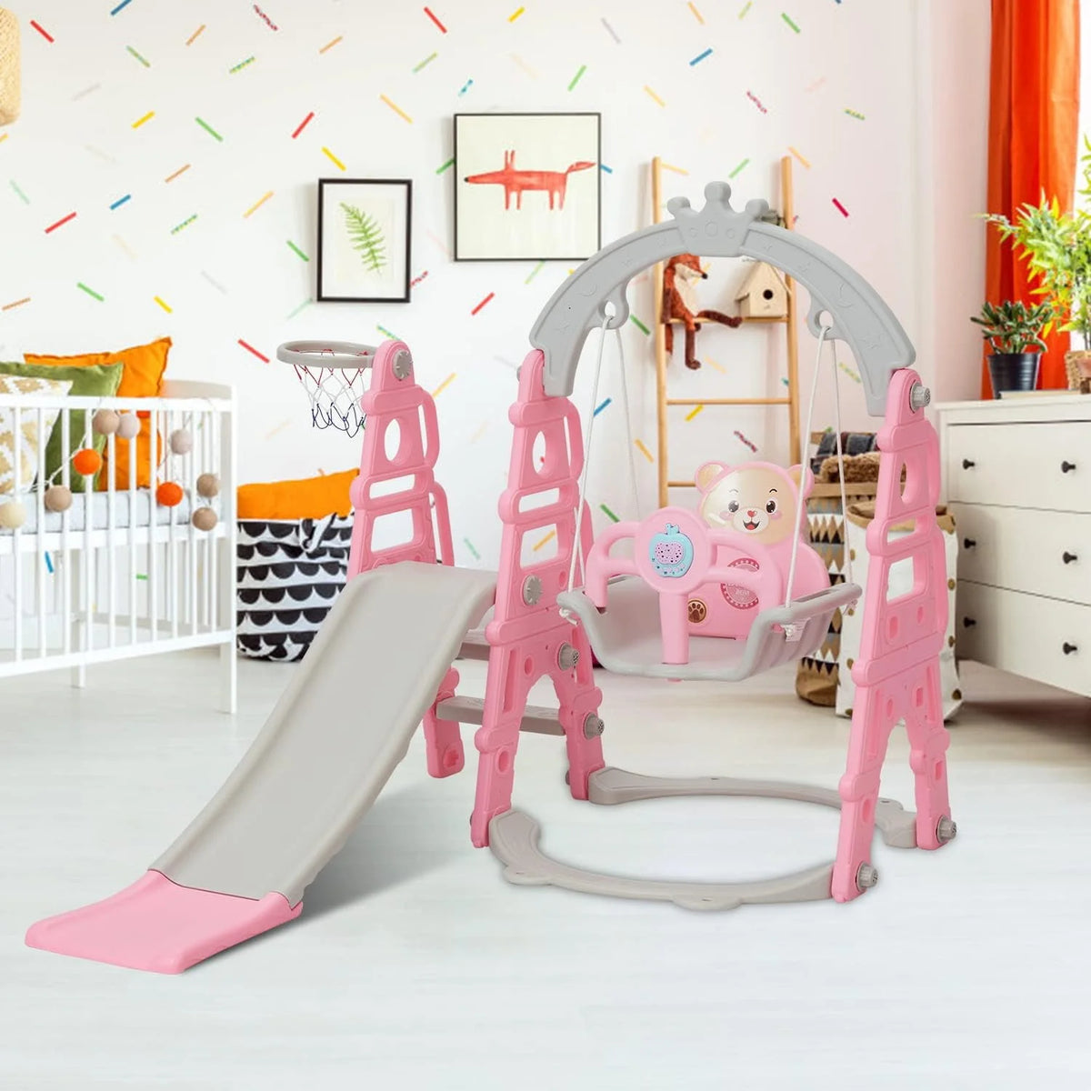 5 in 1 Toddler Slide Swing Set with Basketball Hoop Blue G271
