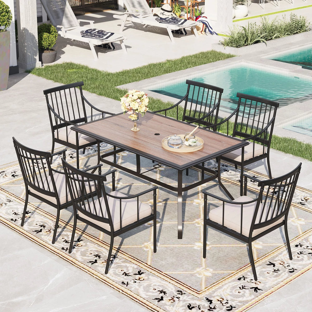 Outdoor Patio Dining Table for 6 Metal Frame Wood-Look Top R332995
